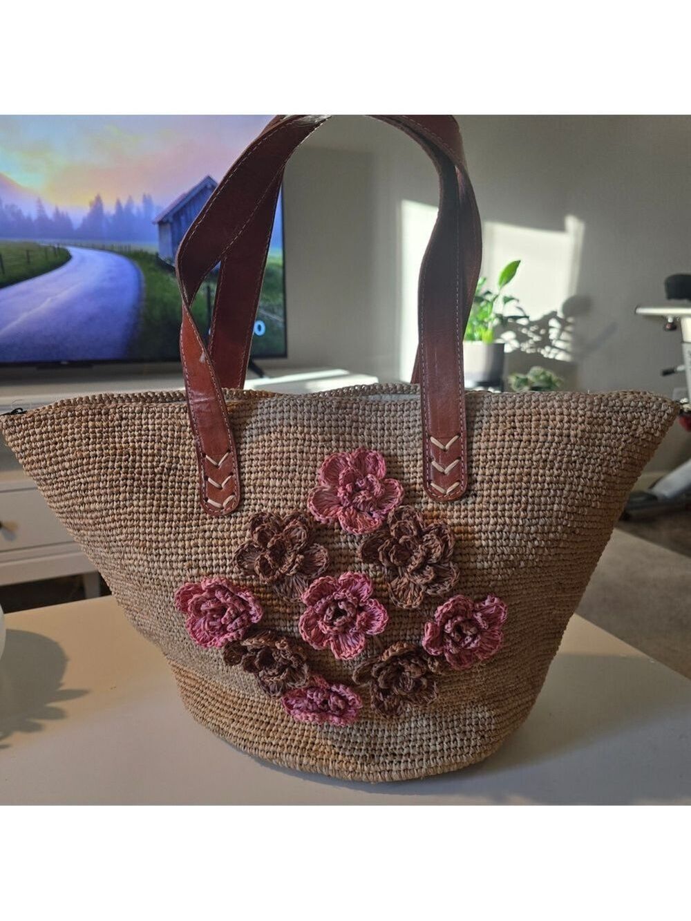 Hand Made Straw Tote Bag with Pink and Brown Floral Appliqué
